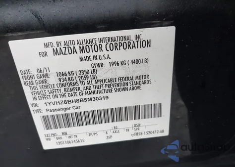 2011 Mazda Mazda6 I Sport z USA, uszkodzony, nr VIN 1YVHZ8BH8B5M30319